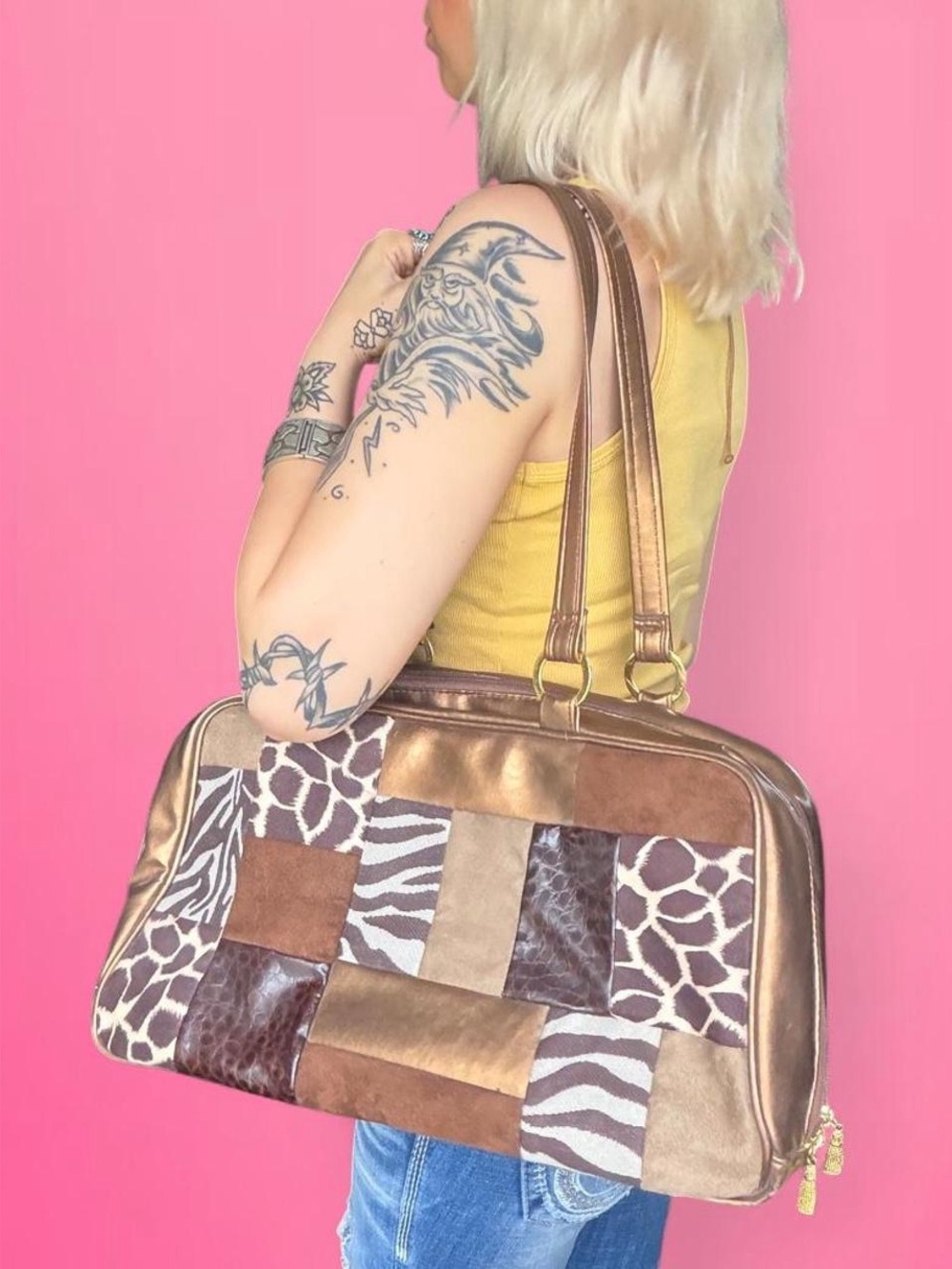 vintage 90s y2k animal print patchwork overnight school work bag